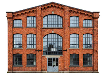 Fototapeta premium Symmetrical Front View of an Old Red Brick Industrial Building Facade Isolated on a White Background