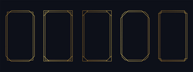 Golden art deco border frames set on dark background. Luxury elegant geometric line frames for wedding invitations, certificates, and premium branding. Vector Illustration. © MdNurul