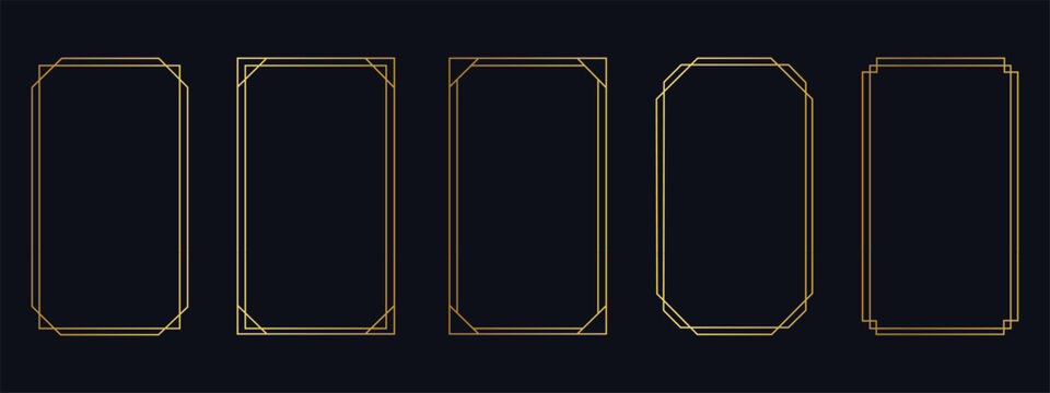 Golden art deco border frames set on dark background. Luxury elegant geometric line frames for wedding invitations, certificates, and premium branding. Vector Illustration.