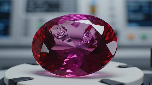Close up of a vibrant red gemstone under examination