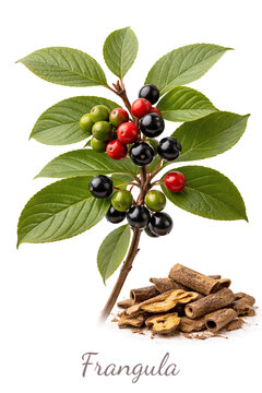 frangula alnus alder buckthorn medicinal plant with berries for herbal remedy and tea isolated on white background