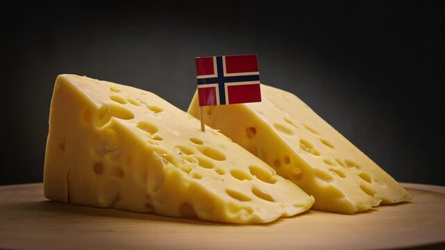 golden cheese wedges pair with Norway flag on toothpick underscores Northern European character of shot on gradient backdrop