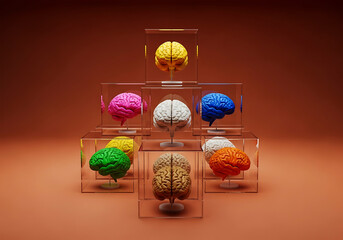 Obraz premium Stack of Colorful Human Brain Models in Glass Cubes Representing Cognitive Diversity and Mental Intelligence