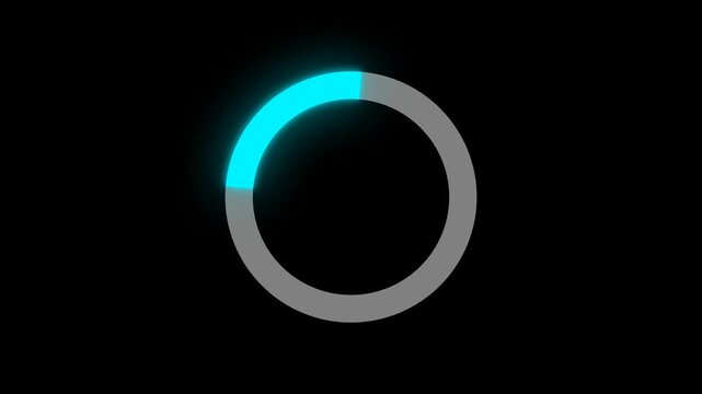 Circular loading progress animation with a glowing cyan segment on a dark background. Perfect for buffering screens, download progress, system initialisation, futuristic UI and sci-fi dashboards.