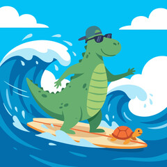 A vibrant and playful illustration of a dinosaur wearing sunglasses and surfing alongside a small turtle, capturing the joy of summer, fun, and whimsical adventures. © free