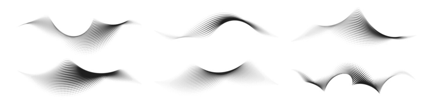 Halftone wave dots. Abstract black halftone waves and dotted wavy line patterns. Flowing dot gradient curve, stipple textures and minimalist particle wavy flows. Geometric flowing elements