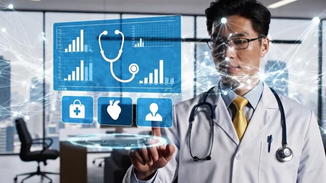 Doctor in white coat interacting with virtual interface with stethoscope around neck and futuristic technology