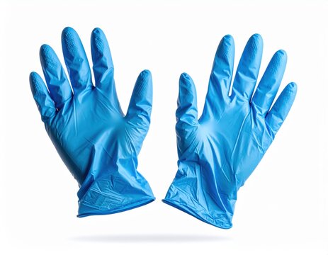 Pair of blue nitrile examination gloves isolated on white background.