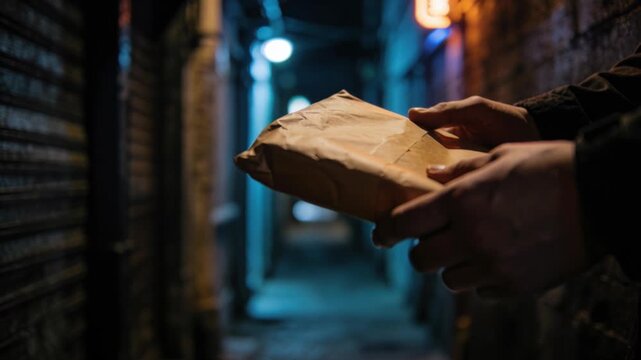 In a dark alley, two individuals exchange a mysterious brown package under dim city lights.