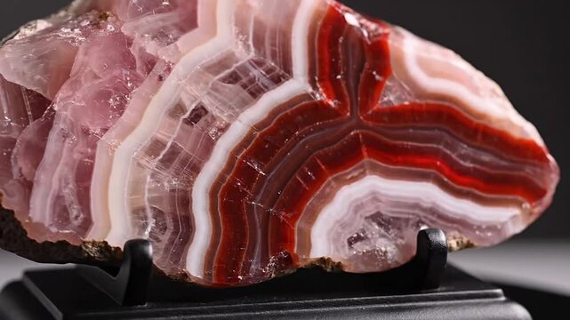 Close up of a vibrant striped gemstone on black display
