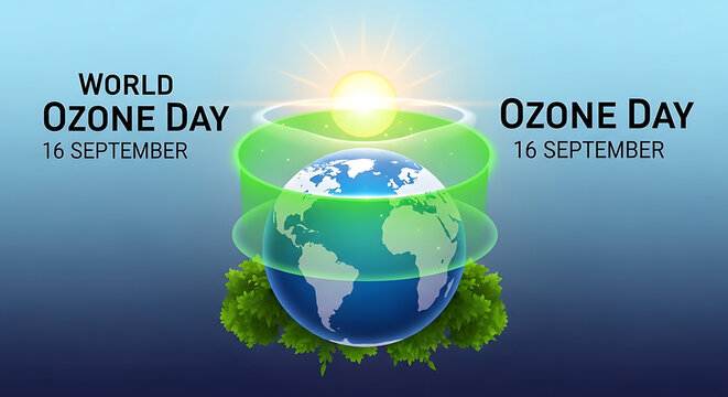 A graphic illustration of the Earth celebrating World Ozone Day on September 16th with a green ozone layer and sun