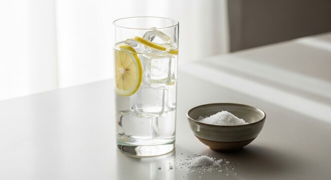 Glass of water with lemon slice and ice cube next to small ceramic bowl with salt on table. Refreshing summer drink with mineral seasoning for hydration and electrolyte balance concept.