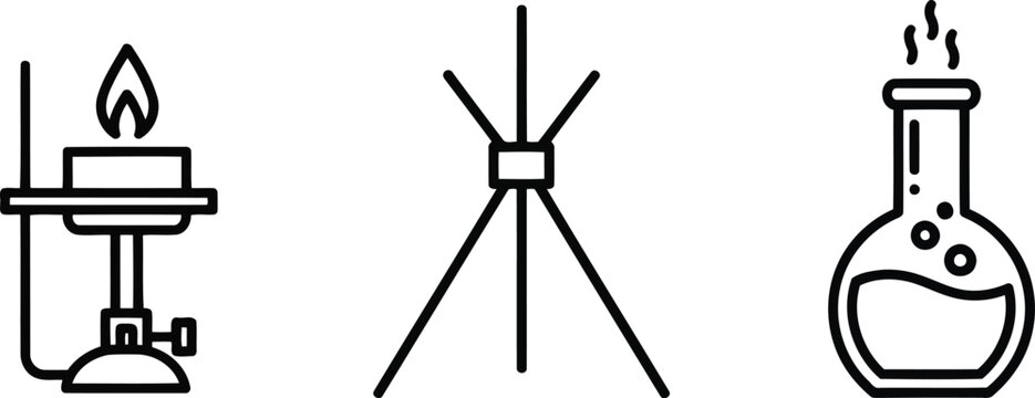 Vector of Laboratory equipment icons set with bunsen burner tripod stand and round bottom glass chemistry flask