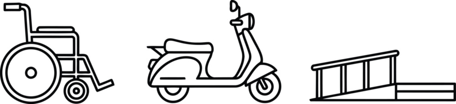 Vector of Accessibility and transportation icons set with wheelchair scooter and ramp for mobility assistance