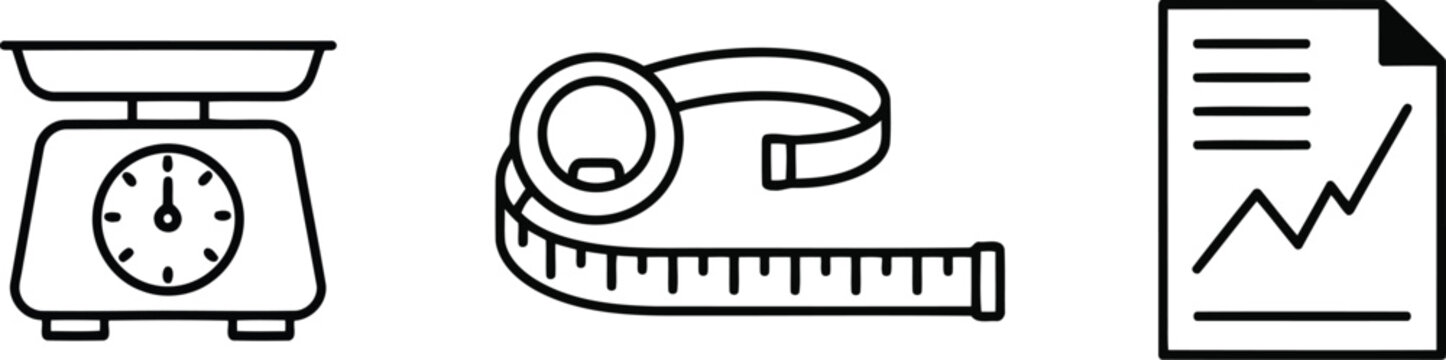 Vector of Measurement and analytics icons set with kitchen scale measuring tape and statistical trend line report