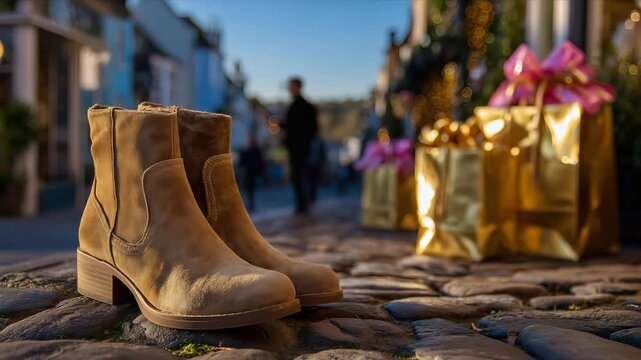 Early morning golden hour capture of suede boots walking along cobblestone pavement, vivid paper gift bags rustling gently, caf&eacute; terraces and decorated storefronts lining the stree