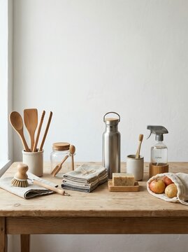 Eco Friendly Zero Waste Lifestyle Products on Wooden Table
