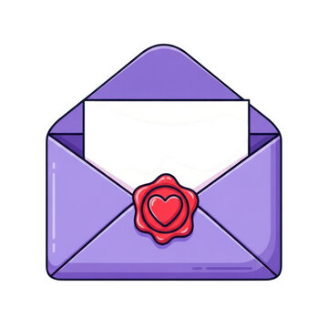 A purple envelope with a red heart shaped wax seal