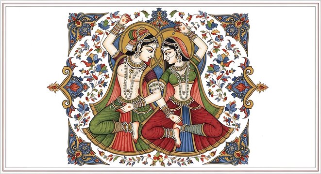 Kamasutra cultural concept with traditional Indian miniature painting style, symbolic romantic poses shown artistically, ornate patterns and rich colors, high-detail illustration, 