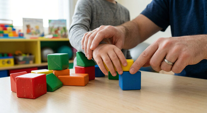 Pediatric Therapist Assisting Child with Wooden Building Blocks in Clinic