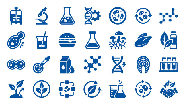 Biotechnology Icons Set: Science Research, Food Technology, Genetic Engineering, Microbiology, and Agriculture Concepts