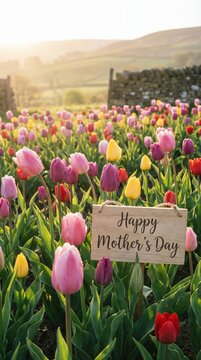 Happy Mother's Day Sign in Colorful Tulip Field at Sunset
