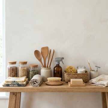 Eco Friendly Sustainable Lifestyle Products on Wooden Shelf