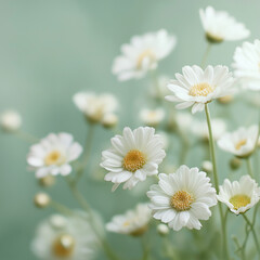 Fototapeta premium Hyperrealistic White Daisies with Soft Pearl Illumination and Calming Green Backdrop