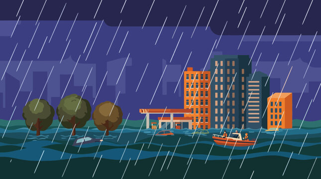 A dramatic depiction of a city experiencing heavy rainfall and flooding, showcasing emergency boats navigating through waterlogged streets amidst a desperate situation.