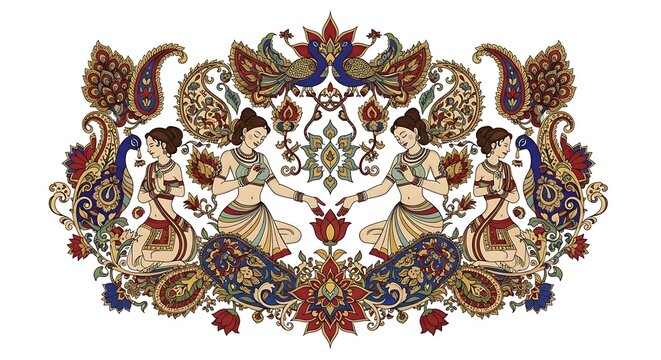 Kamasutra cultural concept with traditional Indian miniature painting style, symbolic romantic poses shown artistically, ornate patterns and rich colors, high-detail illustration, 