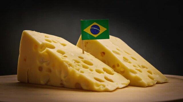 Skillful arrangement of golden cheese wedges pair with symmetrical round cavities on wooden base, Brazil flag on toothpick highlights Latin American character of shot