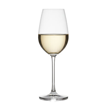 Tall elegant crystal wine glass filled halfway with crisp white wine on a clean minimalist white background with soft diffused lighting and luxury atmosphere