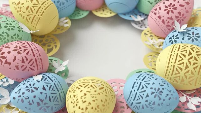 Topdown view of a pastel easter egg wreath with intricate cutout patterns and paper flowers on a white background, a delicate spring decor arrangement.
