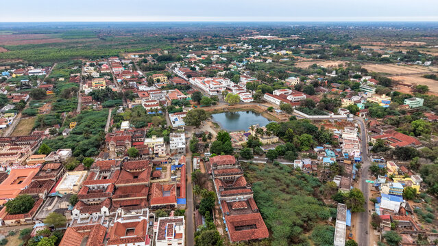 Chettinad heritage town with temple tank and traditional houses aerial view