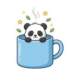 A cute panda cub peeks out from a cozy blue mug, with steam rising and scattered leaves and stars around, creating a whimsical and charming scene of cuteness. © Dachuan