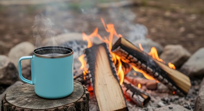 Campfire cooking and enjoying a warm beverage in the great outdoors