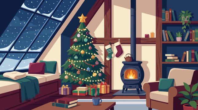 A beautifully decorated winter cabin scene featuring a Christmas tree, warm fireplace, and festive decor, evoking feelings of comfort and holiday spirit.