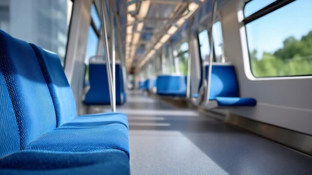 Low-angle interior view of a train car with unoccupied seats, brushed metal handrails and textured floor in focus, linear perspective emphasizing length of the car, soft natural li