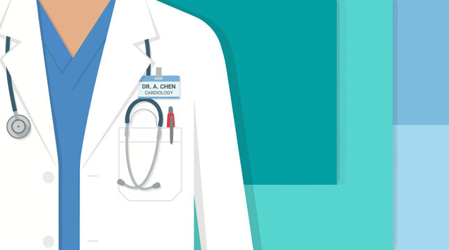 The image presents a close-up view of a doctor in a lab coat, showcasing a stethoscope and name badge, symbolizing professionalism in the medical field.