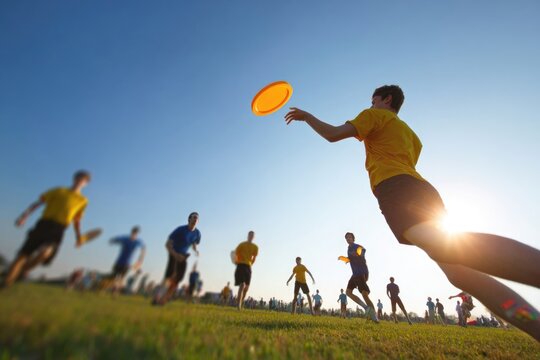 Male ultimate frisbee player throwing disc at sunset