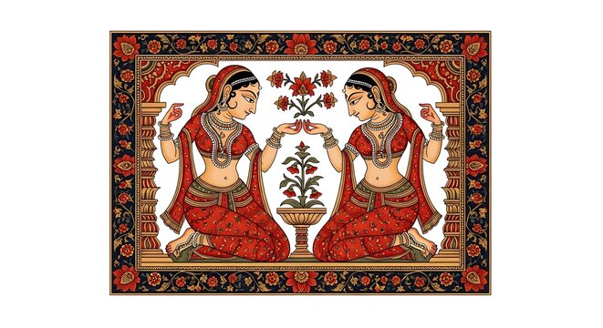 Kamasutra cultural concept with traditional Indian miniature painting style, symbolic romantic poses shown artistically, ornate patterns and rich colors, high-detail illustration, 