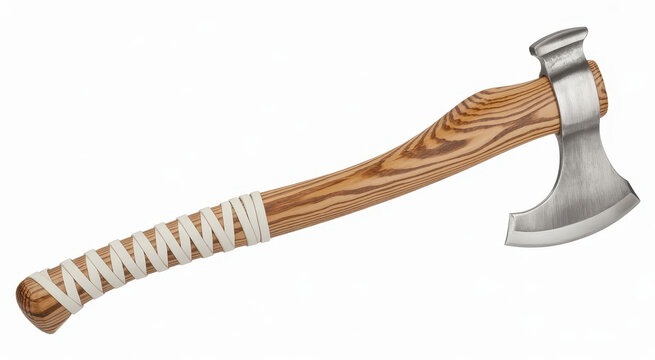 Traditional hand axe with a wooden handle and white cord wrap isolated on a white background