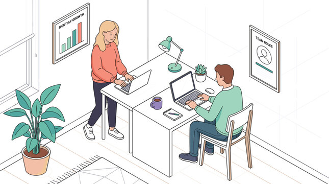 Small office workspace with two professionals working on laptops and data charts modern flat vector illustration for business productivity