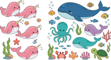 Cute ocean animals collection with narwhal whale octopus fish crab turtle and coral reef cartoon vector illustration set © EdGe Creative