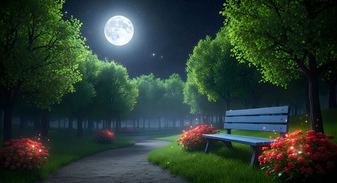 A serene park bench sits under a full moon in a lush garden setting at night with vibrant flowers illustration