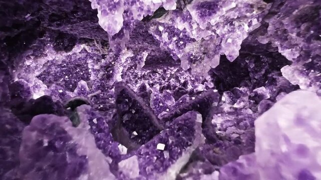 Close up view of amethyst crystals inside a dark cave