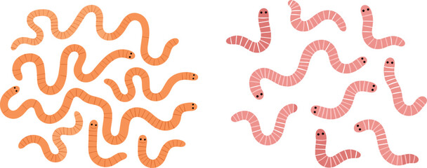 Cute earthworm vector set with cartoon worms, simple underground creatures collection for kids illustration, gardening and nature design projects © EdGe Creative