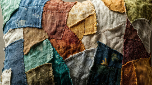 A beautifully textured patchwork pillow, featuring an array of colorful fabric pieces stitched together, showcasing artisanal craftsmanship.