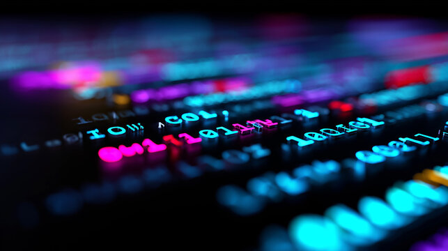 Abstract glowing data waves with binary code representing digital flow, big data and futuristic technology background.