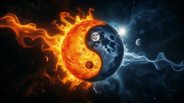Vibrant cosmic yin-yang symbol formed by a fiery sun and a cool moon in deep space illustrating universal balance and duality concept